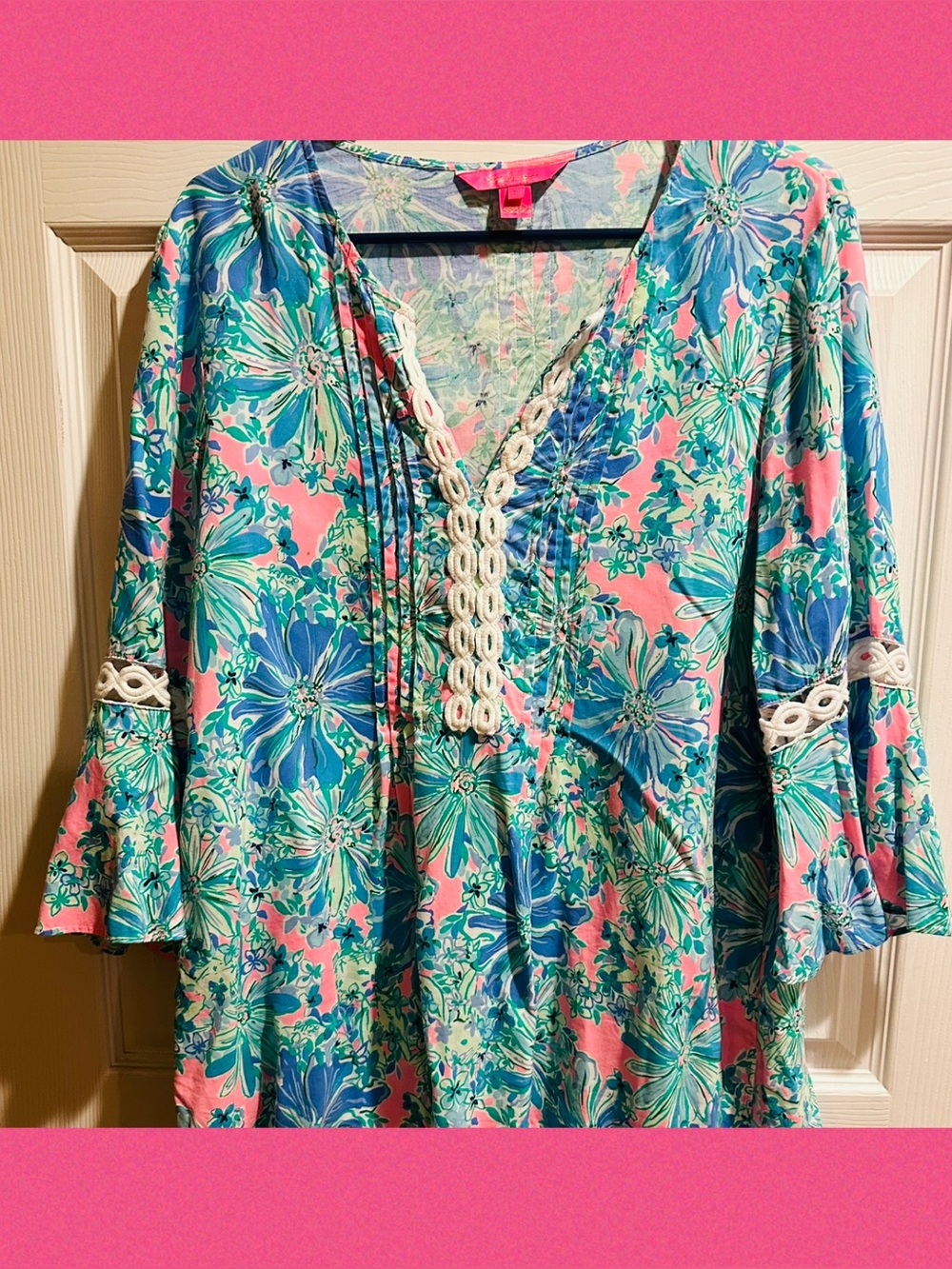 Lilly Pulitzer Pink, Blue & Green Floral V-Neck Tunic with Lace Trim - Picture 2 of 6